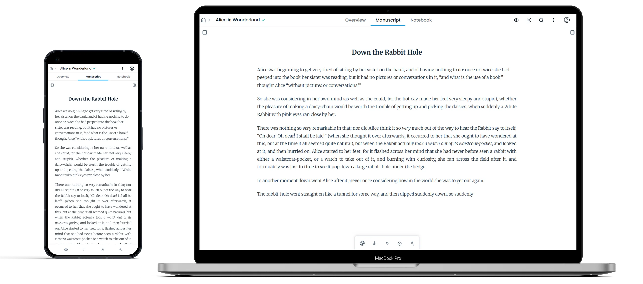 A novel open in the Novlr writing studio on a laptop and a phone